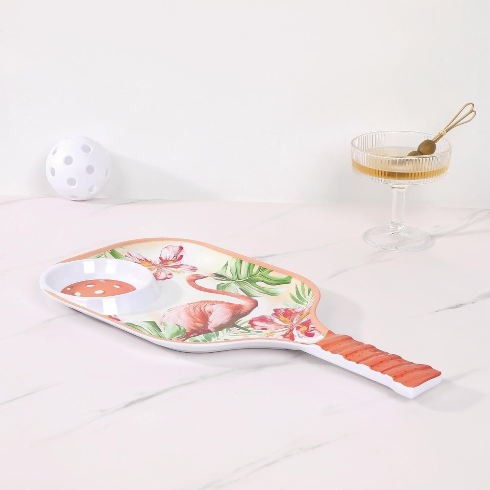 Flamingo Melamine Chip and Dip Tray, Tropical Floral Pickleball Paddle design. - Picture 8 of 9